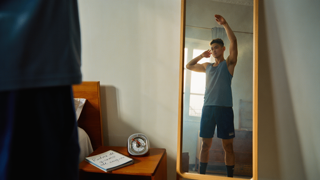 Come Integrare i Power Poses nella Routine Quotidiana Giovane pratica routine mattutina power poses in camera con luce naturale - esercizi postura quotidiani per aumentare autostima e concentrazione