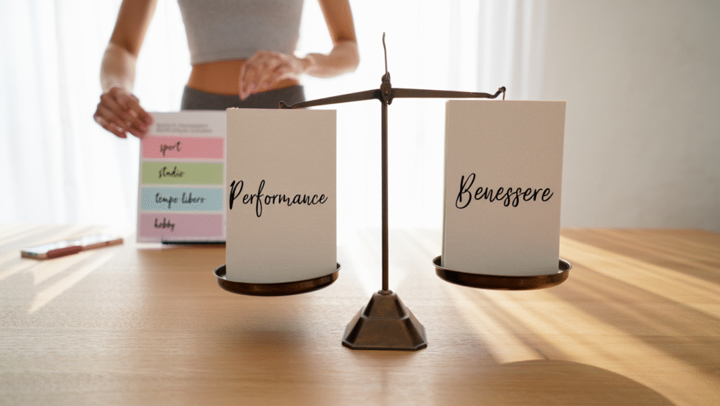 Equilibrio Performance-Benessere: Strategie Pratiche Bilancia simbolica performance-benessere con planner equilibrato - crescita personale senza burnout