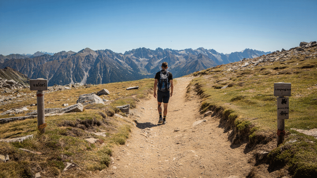 Escursionista solitario su sentiero montano con cartelli motivazionali su valori, impegno e crescita - simbolo del percorso di sviluppo personale basato su metri interni