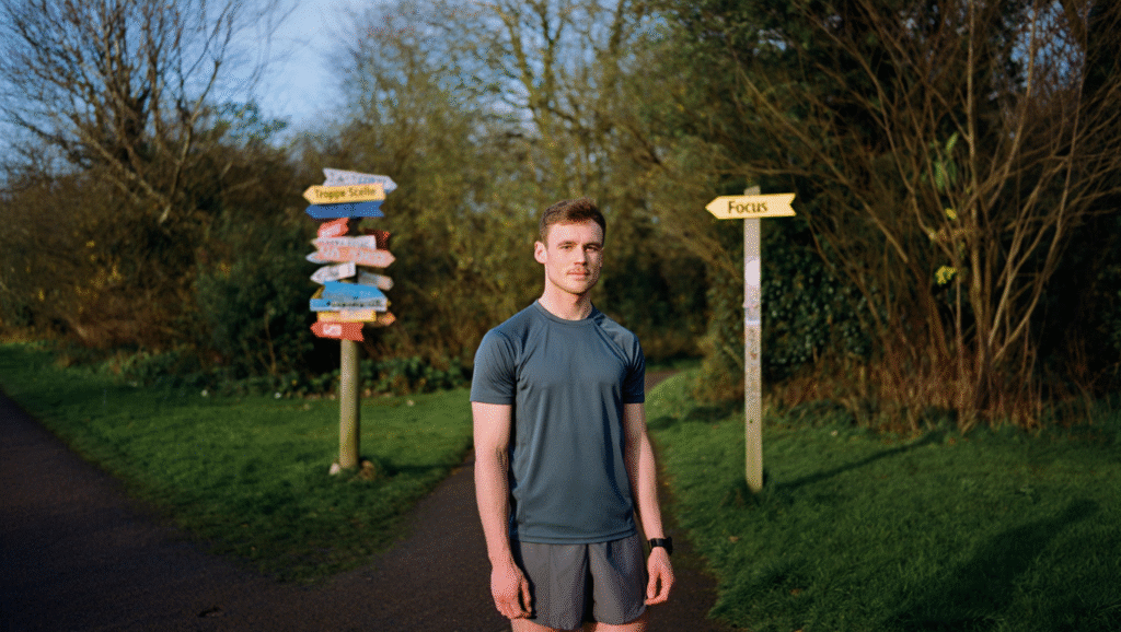 Giovane atleta davanti a bivio decisionale: cartello 'Troppe Scelte' vs 'Focus' - concetto di minimalismo decisionale per studenti-atleti