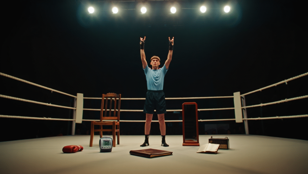 5 Power Poses Che Ogni Giovane Atleta Dovrebbe Conoscere Ring da boxe con giovane atleta in posa vittoria e attrezzature power pose - 5 esercizi body language per studenti-atleti e performance sportiva