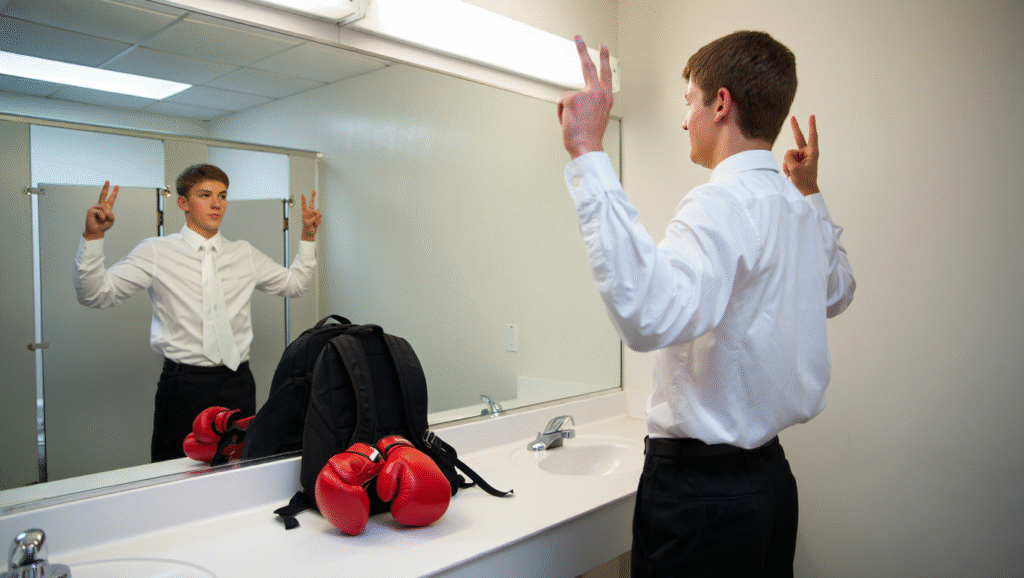 Power Poses per Studenti-Atleti: 5 Situazioni Dove Fanno la Differenza Studente-atleta esegue power pose davanti specchio in bagno - linguaggio del corpo per migliorare sicurezza prima di esami e colloqui