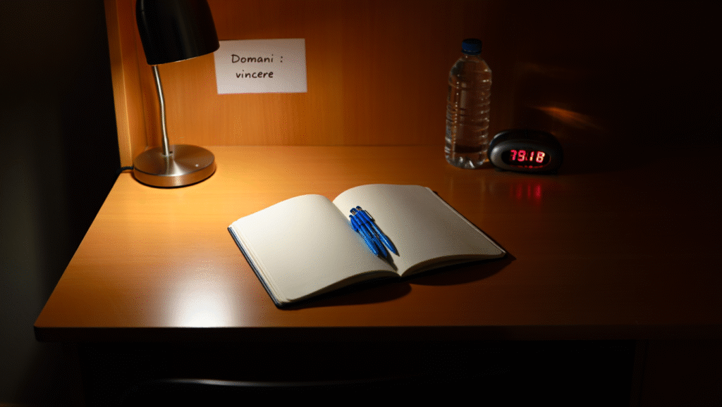 Scrivania ordinata con promemoria 'Domani: vincere' - preparazione mentale e semplificazione per giovani adulti ambiziosi