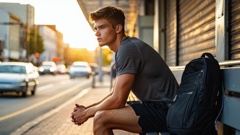 Giovane atleta seduto pensieroso su panchina davanti a palestra chiusa all'alba - procrastinazione allenamento e motivazione sportiva
