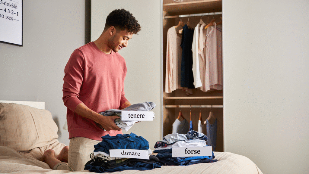 Giovane organizza capi in pile separate per decluttering armadio - sistema 5-4-3-2-1 per capsule wardrobe minimalista