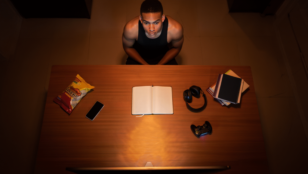 La Scienza del Filtrare (Non del Focalizzare) Come ignorare distrazioni digitali nello studio - atleta concentrato su quaderno illuminato mentre smartphone e snack restano in ombra