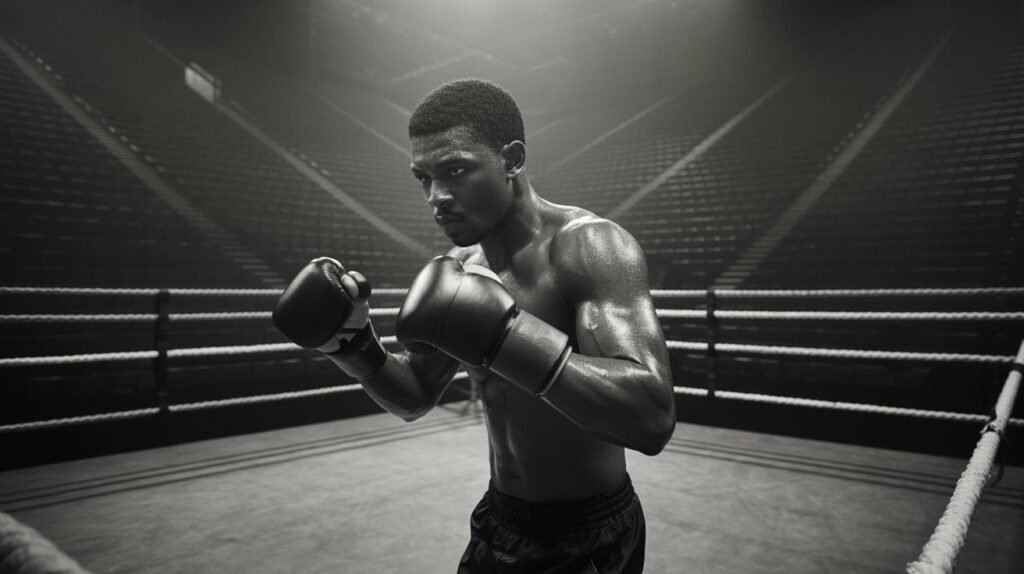 Pugile determinato si allena da solo shadow boxing in arena vuota - motivazione disciplina allenamento solitario crescita personale