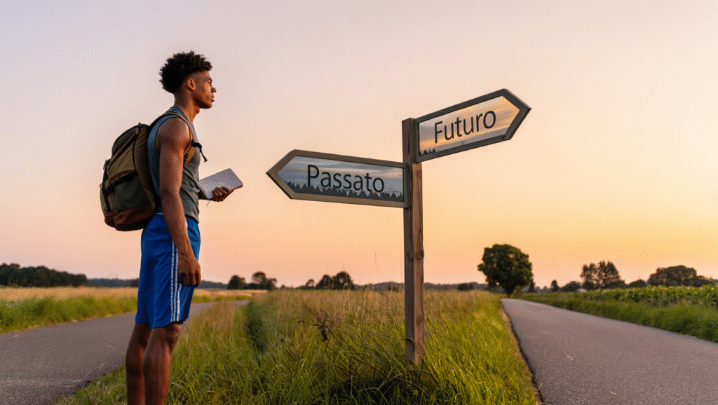 Giovane atleta bivio cartello passato futuro tramonto - scelte di vita crescita personale superare il passato mindset positivo