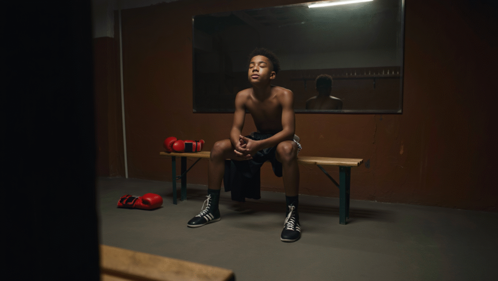 Il Rituale che Cambia Tutto Studente-atleta pratica esercizi di respirazione profonda in spogliatoio - tecniche mental coaching per gestire ansia da prestazione sportiva