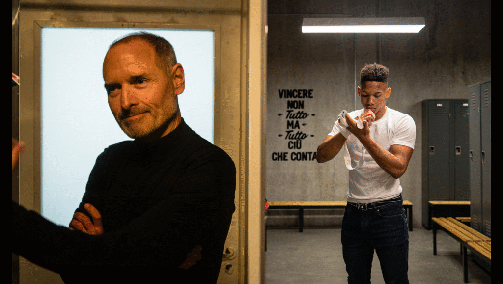 Confronto uniforme personale: figura iconica con dolcevita nera e giovane atleta con jeans e t-shirt bianca in spogliatoioConfronto uniforme personale: figura iconica con dolcevita nera e giovane atleta con jeans e t-shirt bianca in spogliatoio