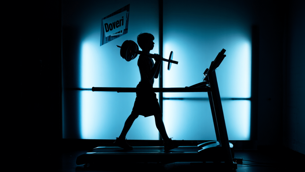 Silhouette uomo con pesi su tapis roulant in ambiente buio al neon - stress da doveri e burnout negli studenti atleti