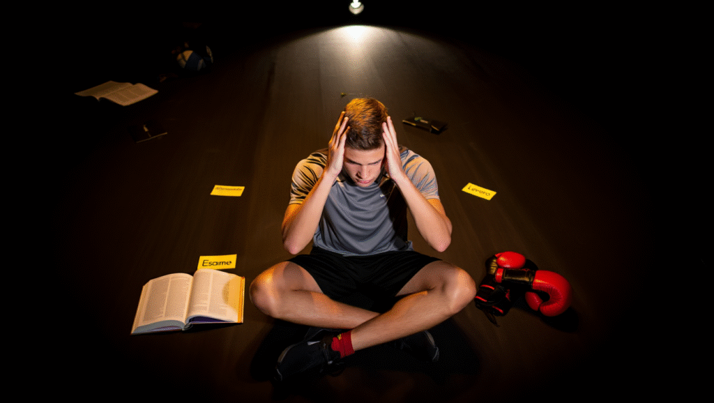 Burnout da Produttività negli Studenti-Atleti Studente-atleta sopraffatto tra libri e guantoni - equilibrio difficile tra studio sport e benessere