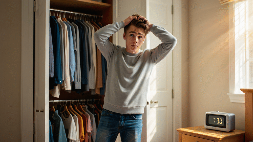 Ragazzo confuso davanti armadio pieno di vestiti - esempio di stanchezza decisionale mattutina e overchoice quotidiano