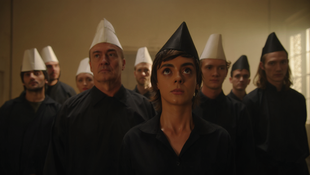 Enigma dei cappelli: dieci prigionieri in fila con cappelli bianchi e neri per gioco strategico di comunicazione e sopravvivenza