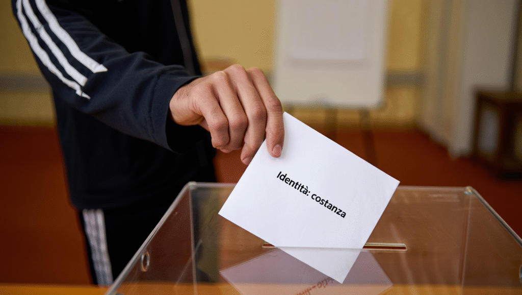 Legge #2: La Legge del Voto Identitario Voto identitario per abitudini: atleta inserisce scheda "Identità: costanza" in urna, rappresentazione di come ogni azione costruisce chi diventiamo