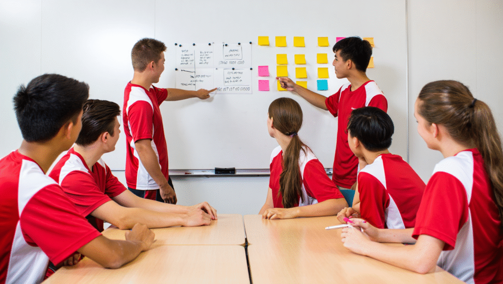 La Comunicazione Strategica Che Salva i Team Cooperazione universitaria: studenti pianificano strategia di gruppo con post-it colorati per progetto collaborativo