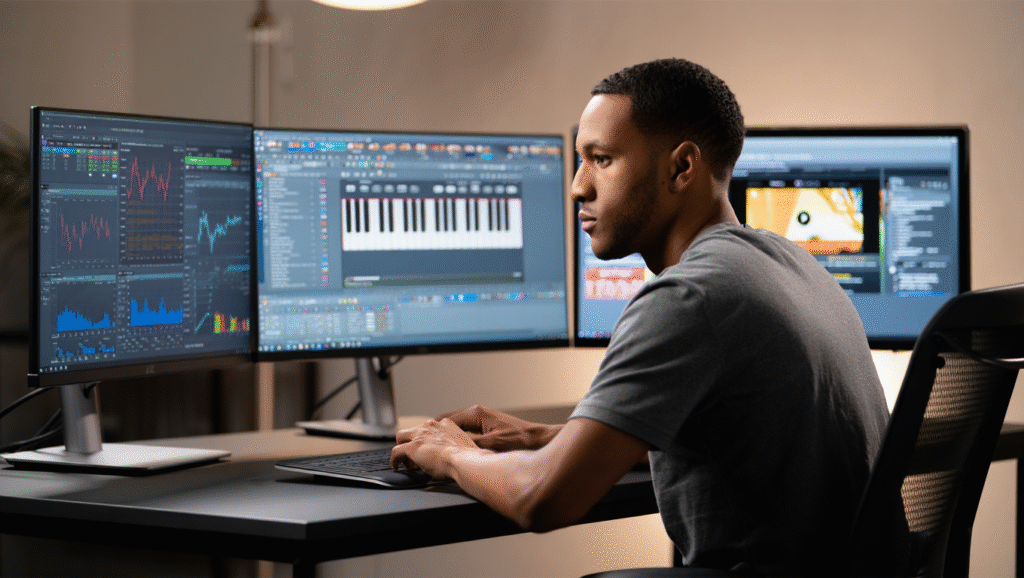 Professionista con tre monitor che combinano finanza, musica e formazione online - intersezione tra competenze, mercato e interessi personali