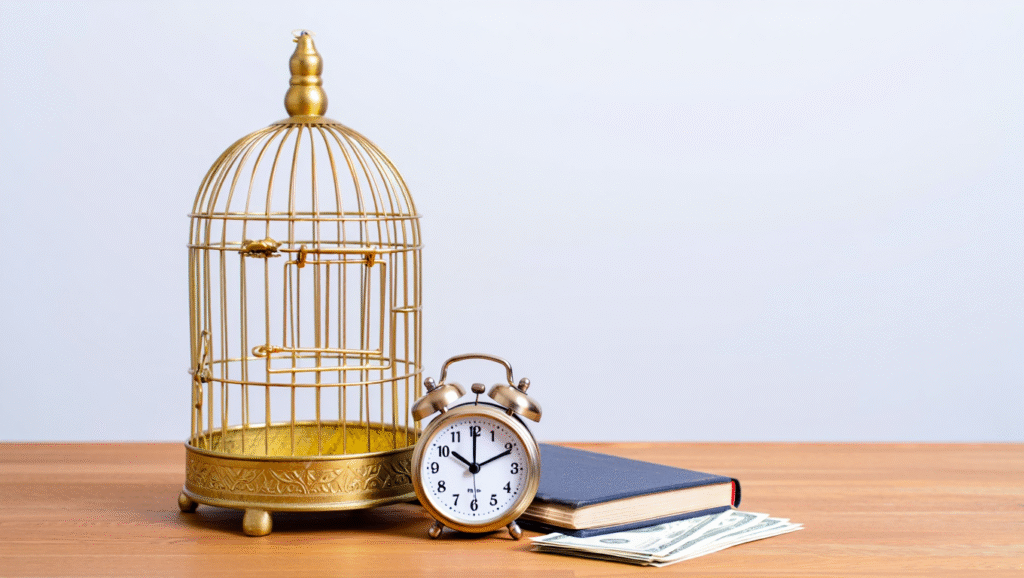 Gabbia dorata con bollette e debiti - rappresentazione dei rischi finanziari nel seguire solo la passione senza strategia di business