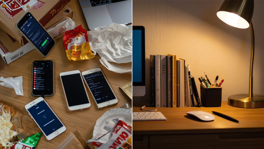 Legge #6: La Legge dell'Ambiente Progettato Ambiente progettato per abitudini: confronto scrivania caotica vs ordinata con libri, dimostrazione di come contesto influenza comportamenti più della motivazione