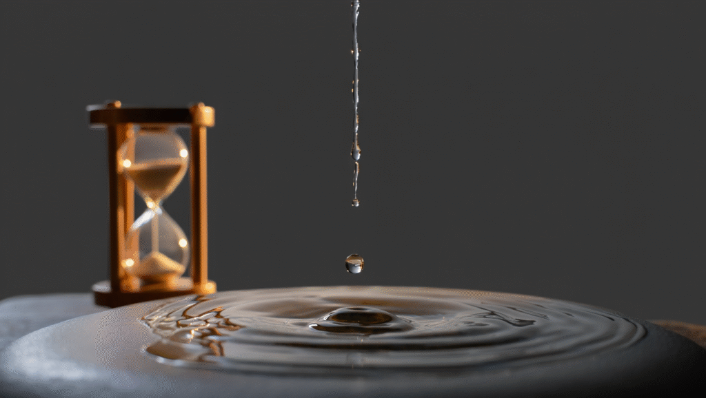 Legge #3: La Legge della Ripetizione Strategica Ripetizione strategica neuroplasticità: goccia d'acqua scava pietra con clessidra, visualizzazione di come frequenza batte intensità nella formazione abitudini