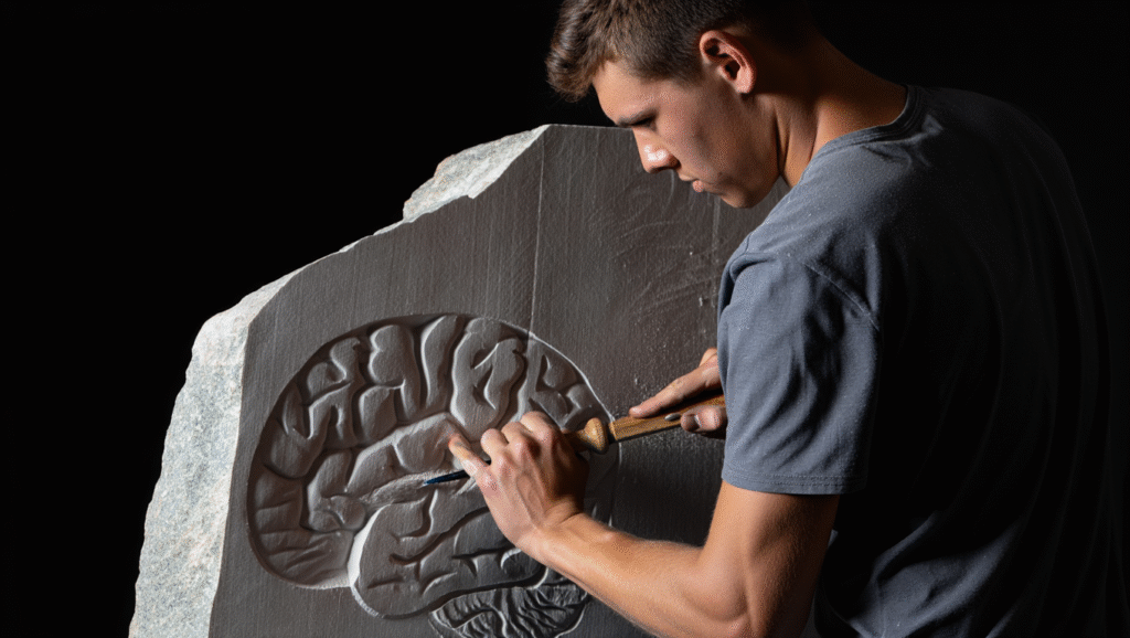 Neuroplasticità in azione: scultore modella cervello umano da pietra grezza, simbolo della formazione di abitudini durature attraverso la ripetizione strategica