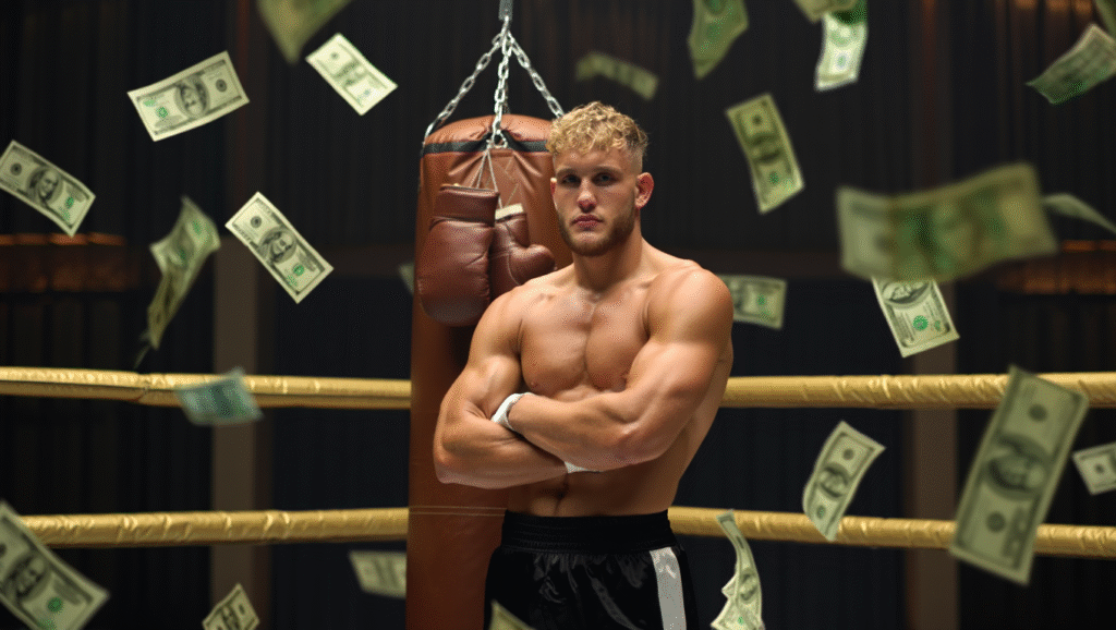 Jake Paul pugile professionista in ring dorato con banconote che cadono, simbolo del successo finanziario nel pugilato moderno