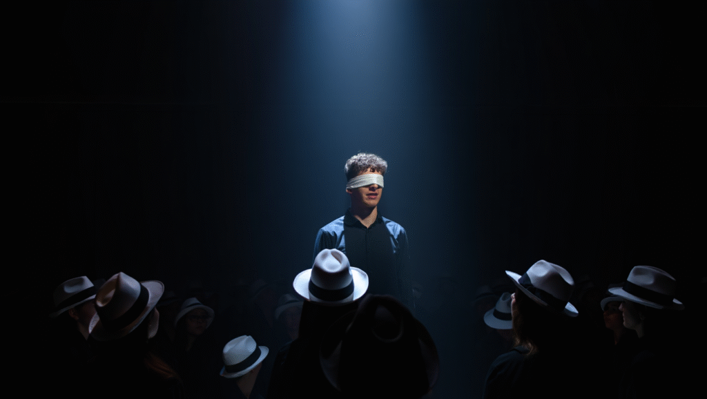 La Trappola del Gioco Impossibile Comunicazione strategica bendato: giovane al centro di cerchio con persone incappucciate che trasmettono informazioni codificate