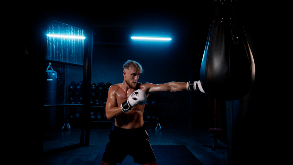 La Rivincita di Chi Si Costruisce da Zero Jake Paul allenamento notturno intenso su sacco pesante in palestra boxe, dimostrando dedizione atletica professionale