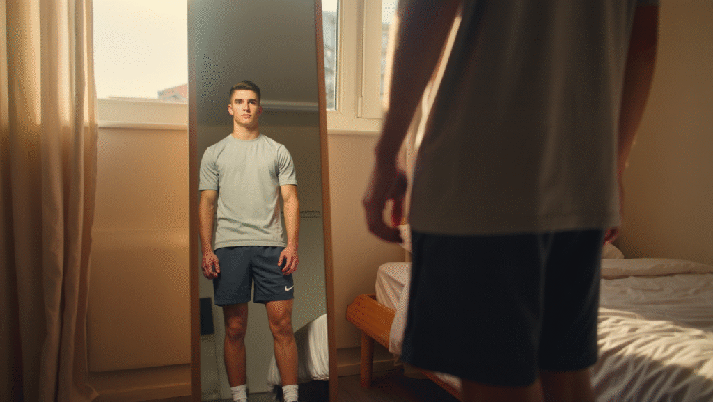 Giovane atleta davanti specchio cambiare identità 21 giorni trasformazione personale neuroplasticità