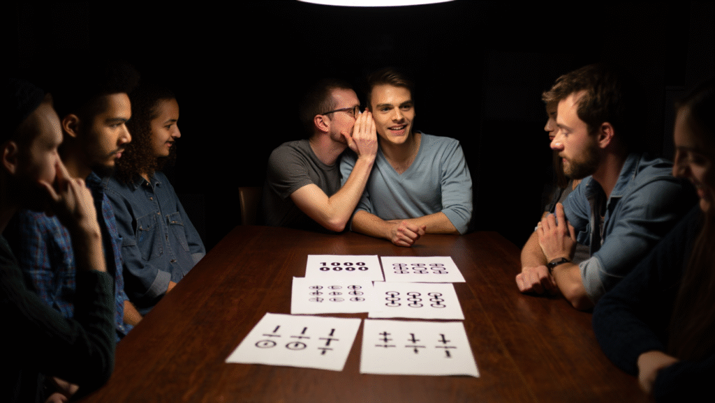 Il Codice Segreto: Quando Un Sacrificio Vale Dieci Vite Team building strategico: gruppo sussurra codici binari e pattern per comunicazione efficace di squadra