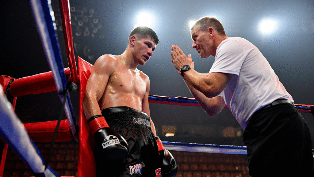 Il Mindset da Atleta: Leadership Silenziosa Sul Ring Leadership silenziosa boxe: pugile riceve segnali strategici non verbali dall'allenatore durante pausa round