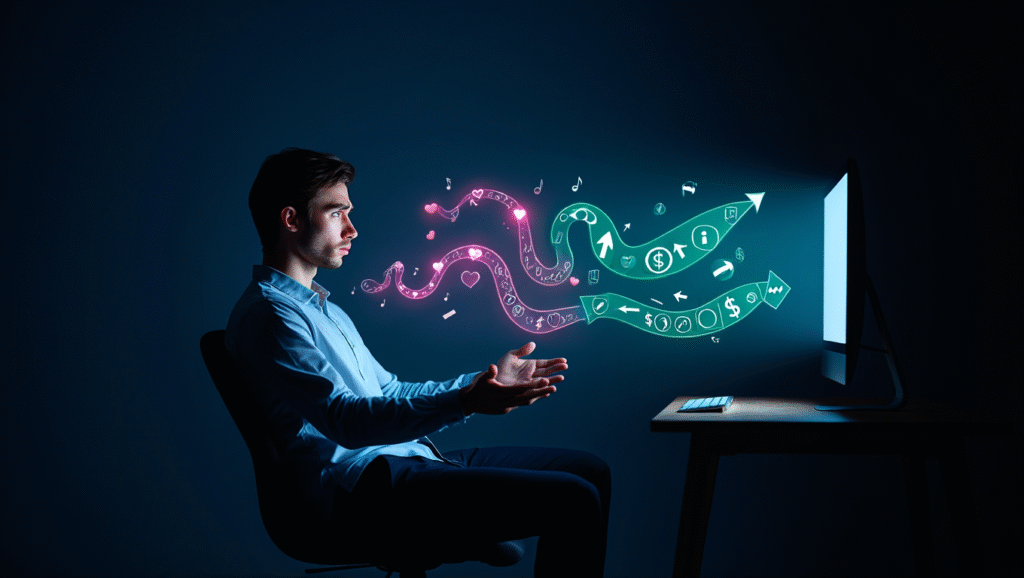 Giovane professionista indeciso tra seguire la passione o costruire una strategia di carriera sostenibile - scelta tra emozioni e competenze di mercato