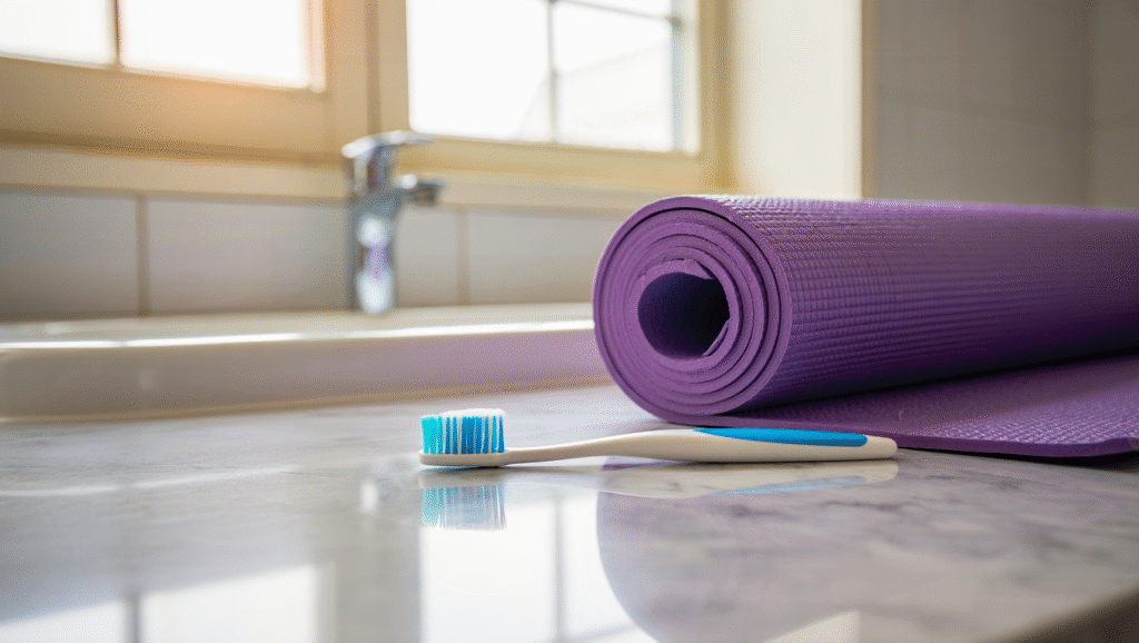 Legge #4: La Legge del Trigger Neurologico Trigger neurologico abitudini: tappetino yoga e spazzolino su marmo, esempio di come collegare nuove routine a trigger esistenti quotidiani