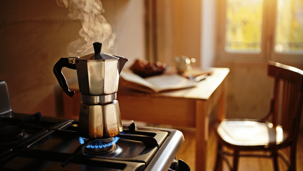 Legge #7: La Legge del Loop Neurologico Loop neurologico mattutino: moka bollente e libro aperto in cucina dorata, esempio perfetto di trigger-azione-ricompensa per routine quotidiane durature