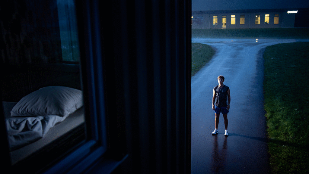 Studente atleta al bivio tra letto e palestra all'alba: scelta tra motivazione e disciplina per crescita personale