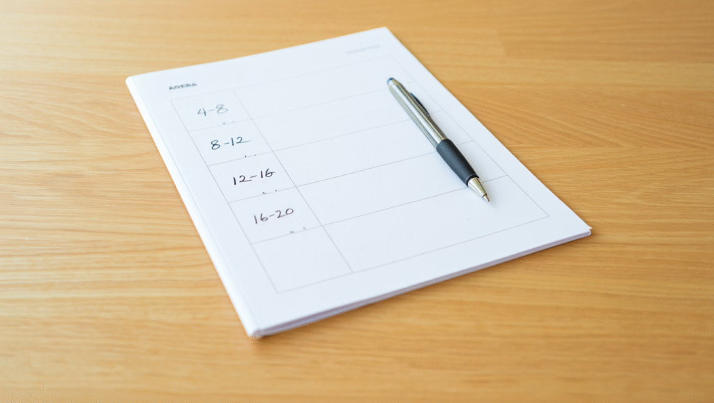 Che cos'è la regola del round successivo Time blocking giornaliero con blocchi da 4 ore scritti su agenda - pianificazione produttività studenti