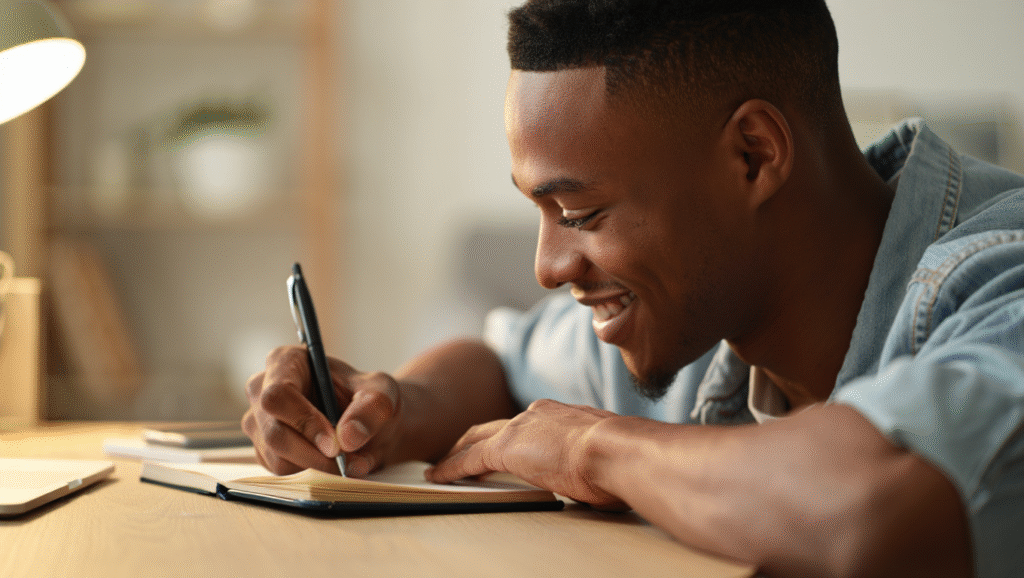 Ragazzo che pratica journaling con metodo 3 domande - scrittura riflessiva per crescita personale