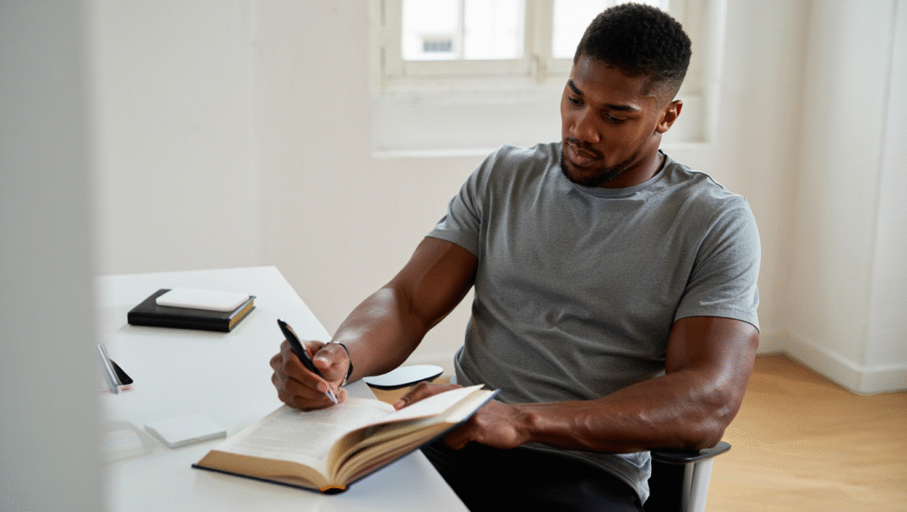 5. Scrivere gli Obiettivi (Su Carta, Non sul Telefono) Anthony Joshua studia e scrive obiettivi, crescita personale atleti e abitudini lettura campioni