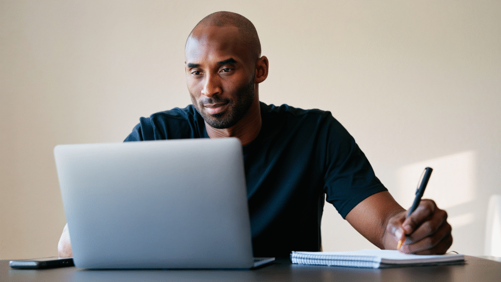 Detective del Basket: Come Trasformare lo Studio in Superpotere Kobe Bryant studia filmati avversari laptop - preparazione maniacale detective basket Mamba Mentality strategia