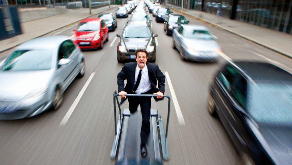 Paradosso della velocità moderna: uomo d'affari corre su tapis roulant nel traffico urbano senza progredire, simbolo dello stress da vita frenetica