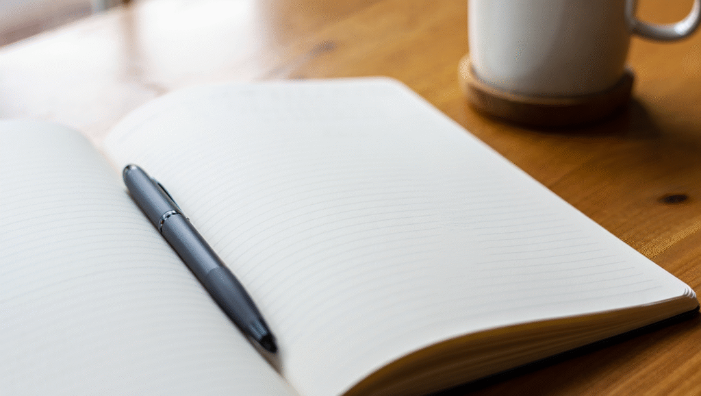 Quaderno aperto per journaling quotidiano accanto a tazza di caffè su tavolo legno - pratica mindfulness mattutina