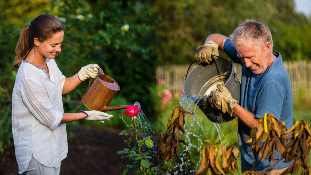 Il Paradosso della Velocità che Rallenta Confronto tra approccio lento e veloce: donna annaffia rosa con cura vs uomo spreca acqua su pianta morta, metafora di produttività consapevole