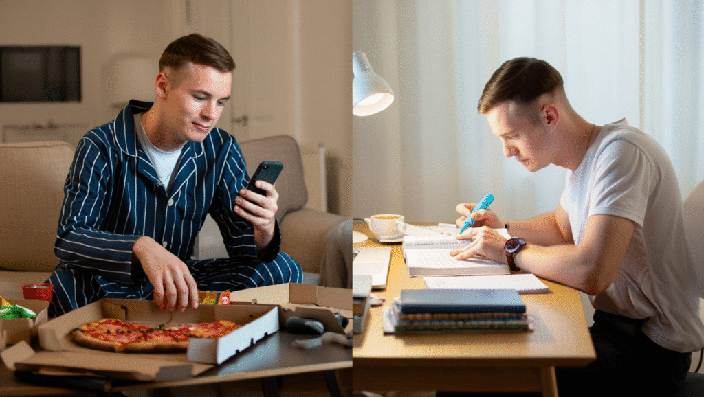 Casi concreti: come recuperare quando tutto va storto Confronto procrastinazione vs produttività - come recuperare mattina persa e reset giornata studenti