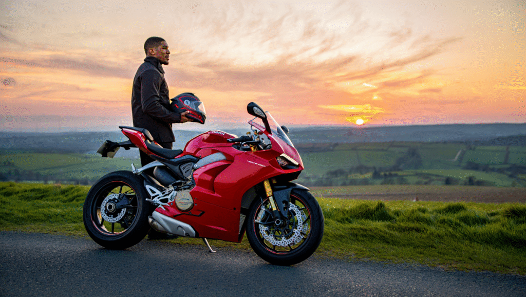 1. Guidare le Moto: Controllo e Libertà Anthony Joshua campione pugilato con moto Ducati Panigale rossa al tramonto nelle campagne inglesi - abitudini vincenti per controllo mentale e reset psicologico