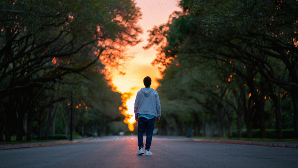 Silenzio = Spazio Creativo per le Tue Migliori Idee Giovane in camminata silenziosa al tramonto per concentrazione e focus - silenzio come arma segreta mentale