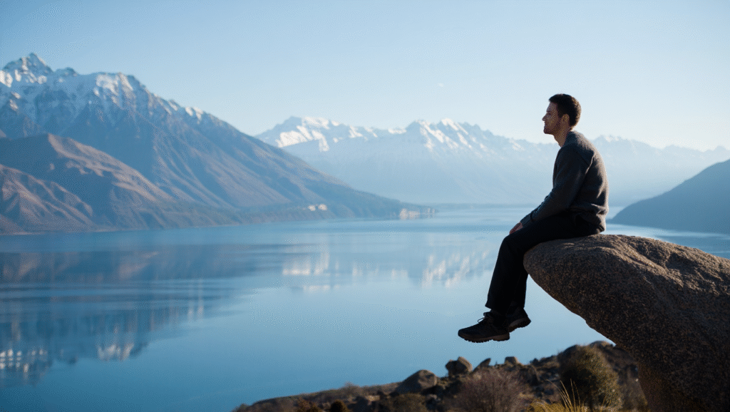 Uomo in meditazione silenziosa nella natura - benefici del silenzio per calma interiore e resilienza mentale