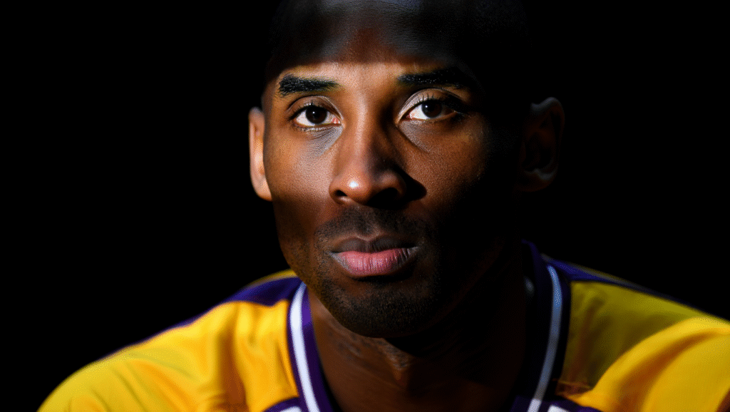 Kobe Bryant maglia Lakers gialla sguardo intenso Mamba Mentality - ritratto drammatico campione NBA disciplina vs talento