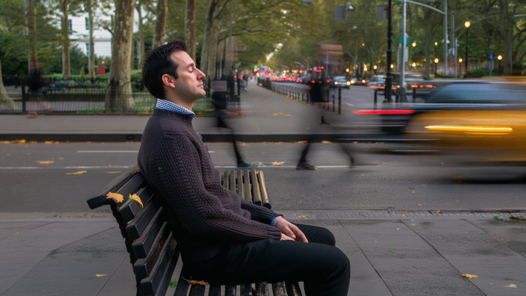 Rallentare Come Atto di Lucidità Reset mentale in città: uomo medita sereno su panchina mentre il traffico urbano scorre veloce, esempio di rallentare nell'era moderna