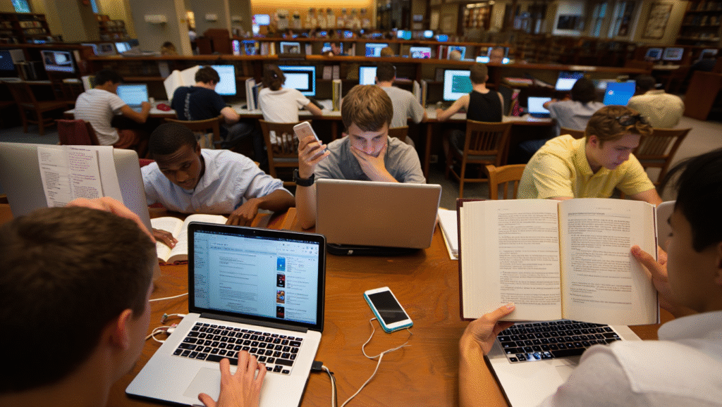La Velocità è la Nuova Schiavitù Studenti universitari in biblioteca fanno multitasking con laptop e smartphone, esempio di produttività tossica che riduce focus e performance