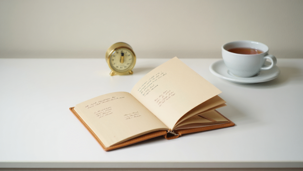 Come Trasformare il Silenzio in Routine Vincente Routine mattutina silenziosa con quaderno per crescita personale e tazza di tè - silenzio e produttività studio